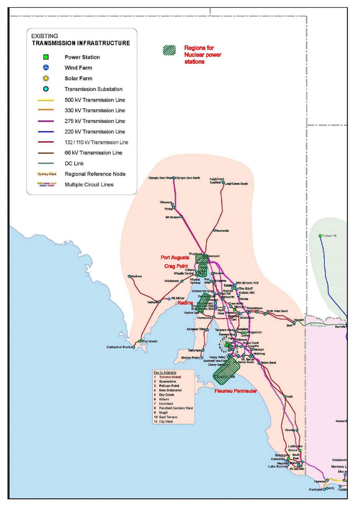 South Australian regions of interest for nuclear power stations
